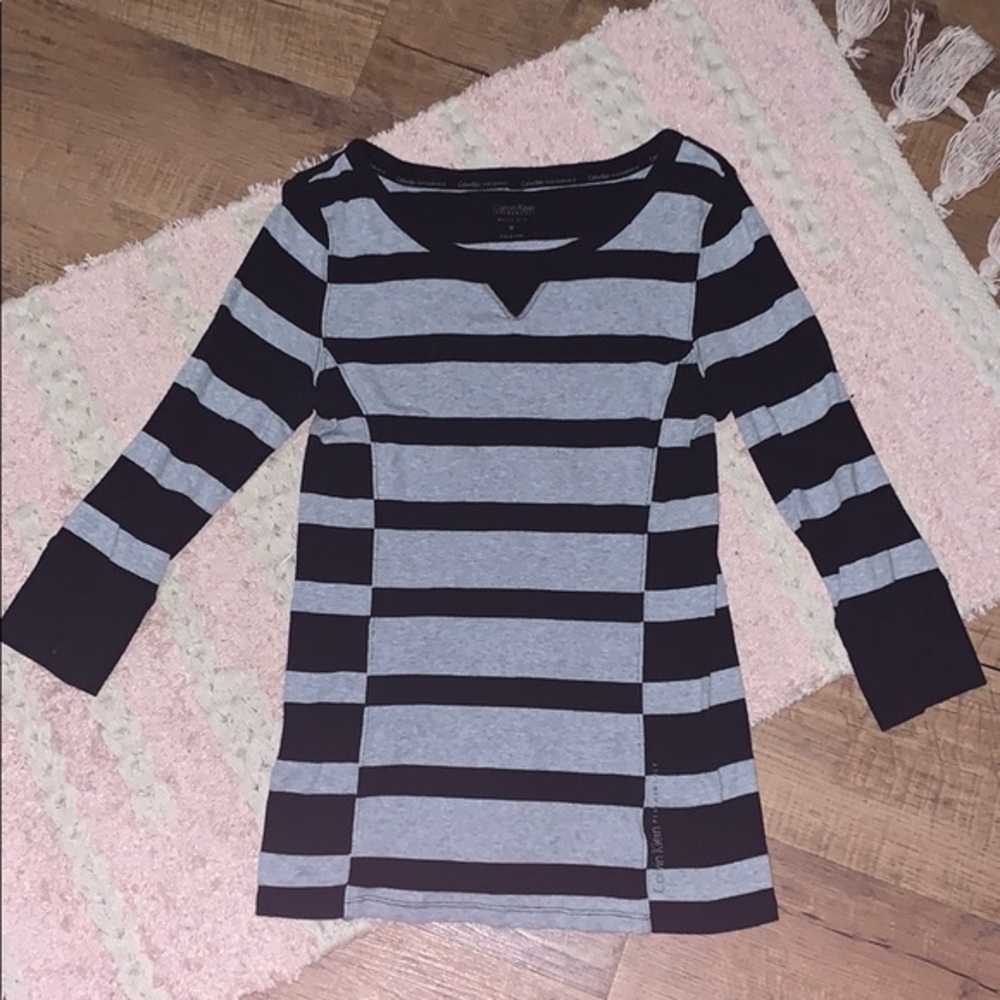 Calvin Klein Black and Gray Striped Long Sleeve Tee